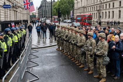 US military troops guarding British citizens in the UK street against Met police.