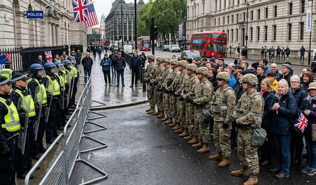 US military troops guarding British citizens in the UK street against Met police.