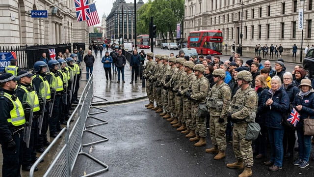 US military troops guarding British citizens in the UK street against Met police.