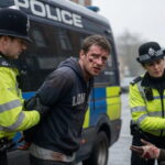 British man being arrested by UK police as a female officer consoles an African migrant.