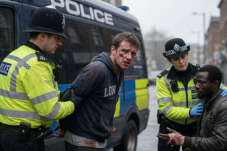 British man being arrested by UK police as a female officer consoles an African migrant.