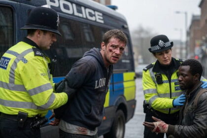British man being arrested by UK police as a female officer consoles an African migrant.