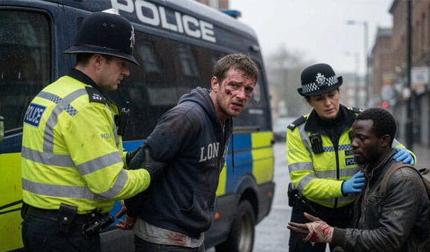 British man being arrested by UK police as a female officer consoles an African migrant.