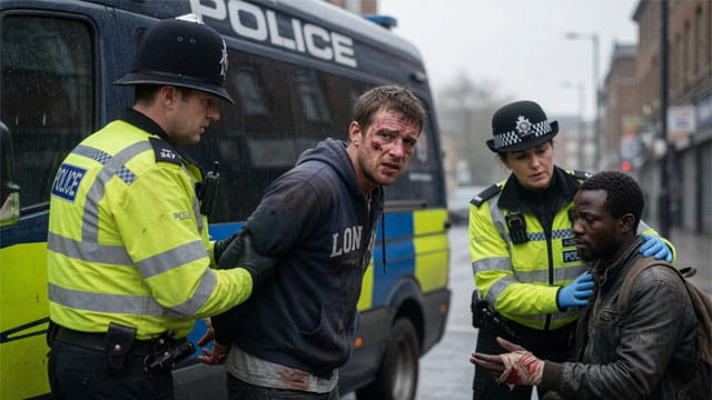 British man being arrested by UK police as a female officer consoles an African migrant.