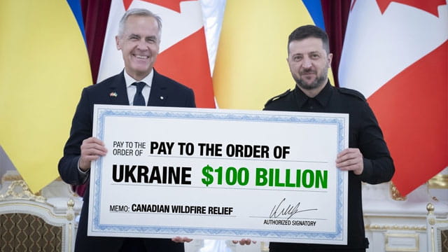 Canada Prime Minister Mark Carney and Ukraine President Zelensky holding a large check for the Canadian wildfires.