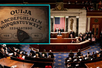 US Congress in session with an inset of a Ouija board.