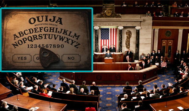 US Congress in session with an inset of a Ouija board.