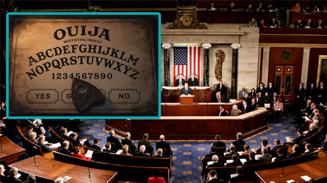 US Congress in session with an inset of a Ouija board.