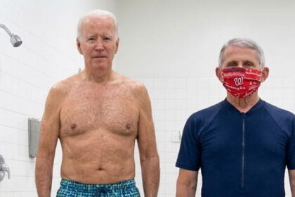 Dr. Fauci and Joe Biden wearing bathing suits inside of a shower.