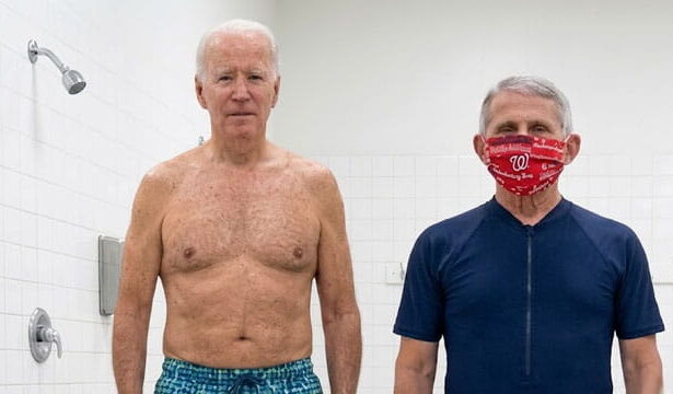 Dr. Fauci and Joe Biden wearing bathing suits inside of a shower.