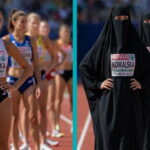 EU female athletes wearing full-body black burkas.