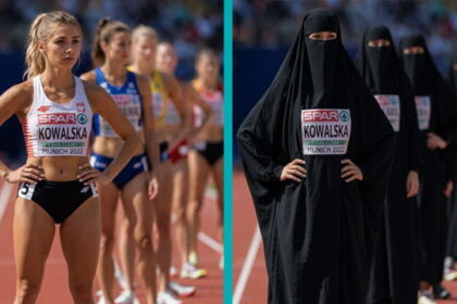 EU female athletes wearing full-body black burkas.