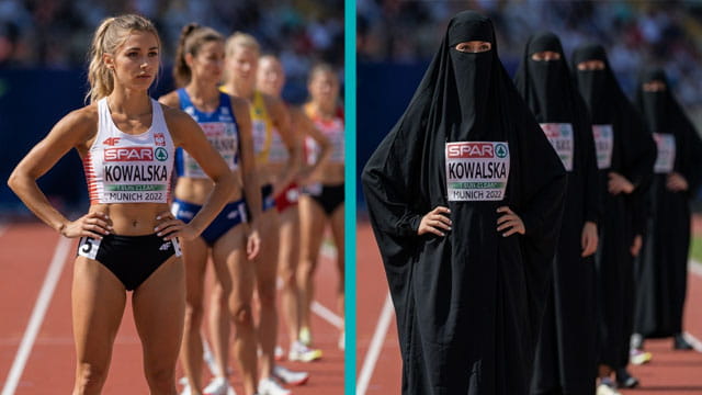 EU female athletes wearing full-body black burkas.