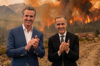 Gavin Newsom and Mark Carney standing in front of a Canada wildfire.