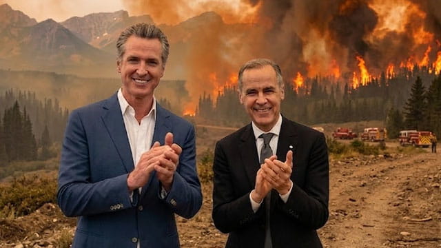 Gavin Newsom and Mark Carney standing in front of a Canada wildfire.