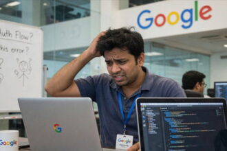 Male Indian H-1B worker sitting at a computer inside of Google office.