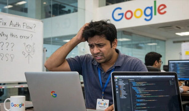 Male Indian H-1B worker sitting at a computer inside of Google office.