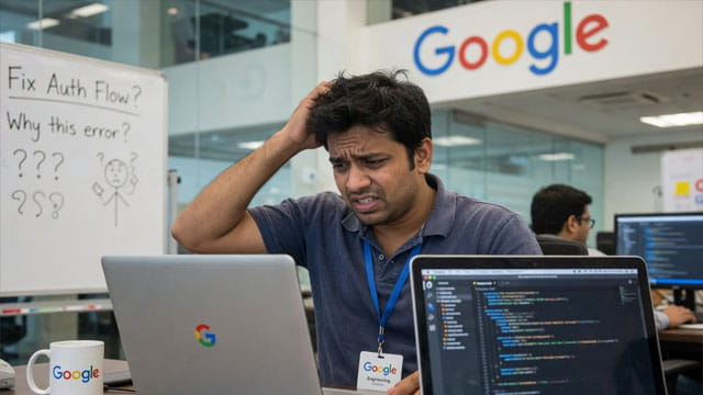 Male Indian H-1B worker sitting at a computer inside of Google office.