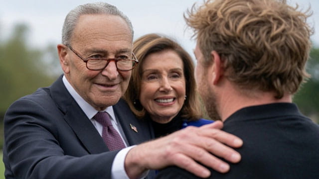 Democrats Chuck Schumer and Nancy Pelosi standing in front of Graham Platner.