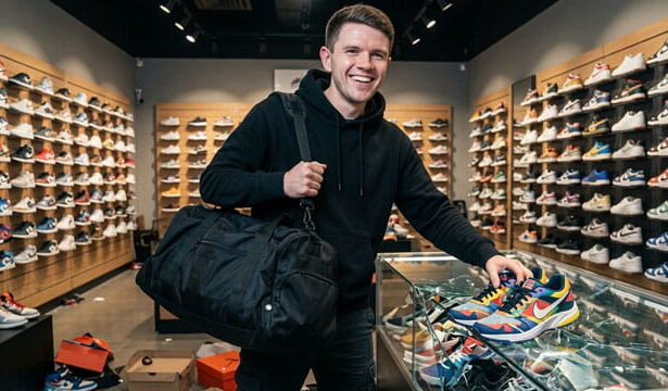 Texas Democrat James Talarico wearing black clothes looting a shoe store.