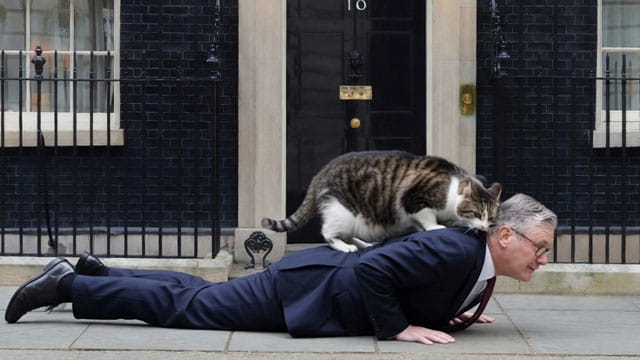 UK Chief Mouser Larry the Cat dragging Prime Minister Keir Starmer out of 10 Downing Street.