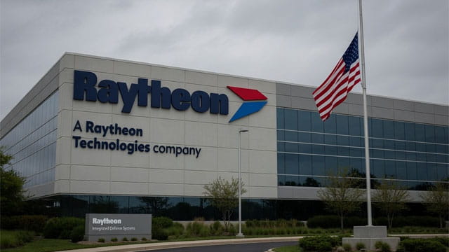 Raytheon building with an American flag at half-mast in memory of deceased Lindsey Graham.