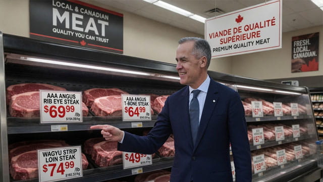 Canada Prime Minister Mark Carney standing in front of a grocery store meat case.