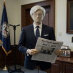 A dummy mannequin wearing a suit dressed as Senator Mitch McConnell inside of a political office.