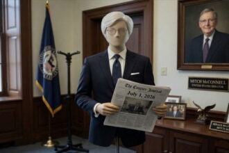 A dummy mannequin wearing a suit dressed as Senator Mitch McConnell inside of a political office.