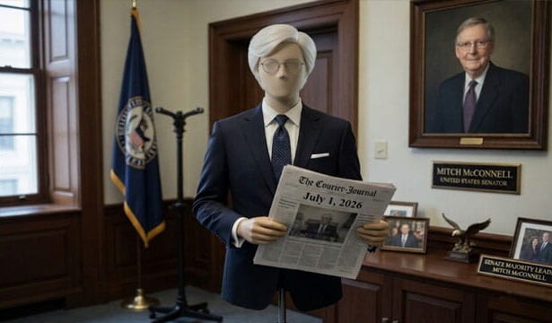 A dummy mannequin wearing a suit dressed as Senator Mitch McConnell inside of a political office.