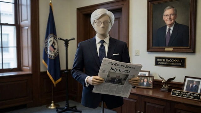 A dummy mannequin wearing a suit dressed as Senator Mitch McConnell inside of a political office.