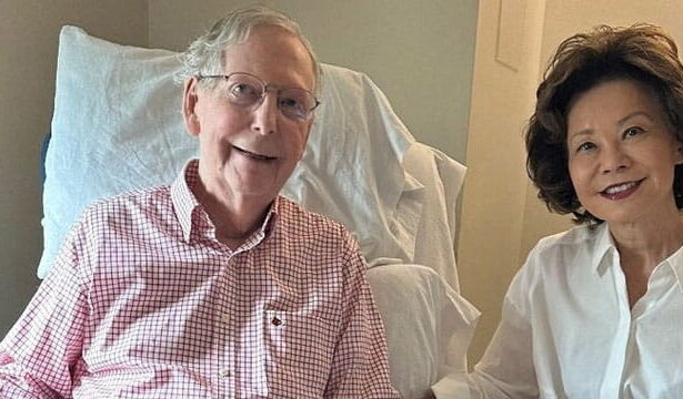 Mitch McConnell in the hospital on a chair sitting next to his Chinese wife.