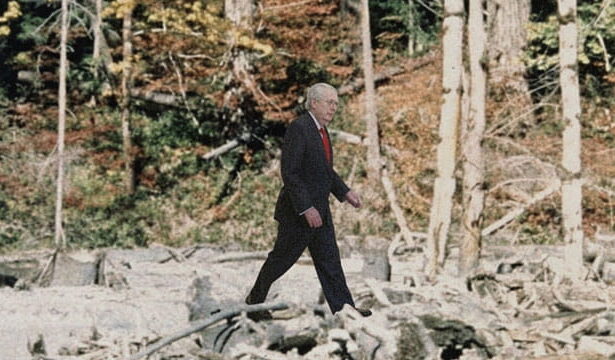Mitch McConnell walking in the woods in a parody Bigfoot sighting.