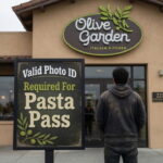A Mexican male illegal alien standing in front of an Olive Garden.