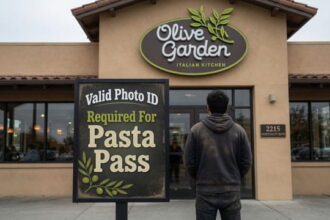 A Mexican male illegal alien standing in front of an Olive Garden.