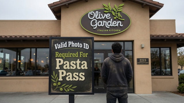 A Mexican male illegal alien standing in front of an Olive Garden.