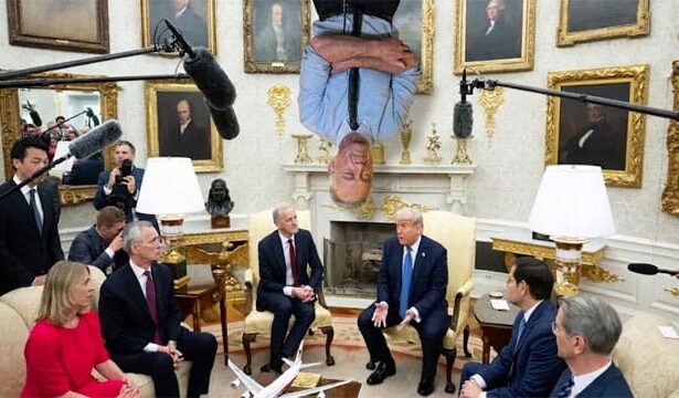 RFK Jr. sleeping upside down from the Oval Office ceiling like a bat as President Trump and Cabinet members down below hold a meeting.