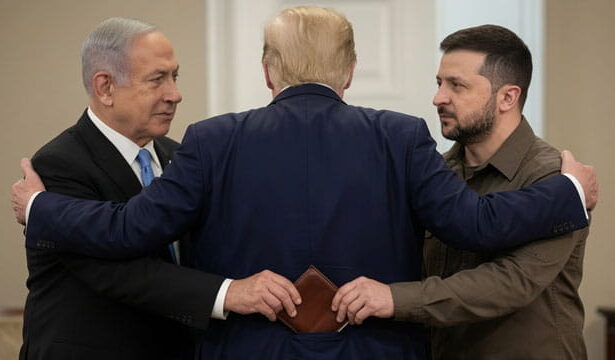 Benjamin Netanyahu and Volodymyr Zelensky hugging President Donald Trump inside of White House.