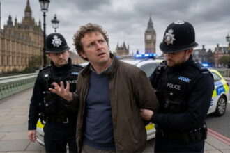 UK police officers detaining a white British man on a London street.