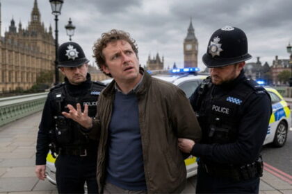 UK police officers detaining a white British man on a London street.