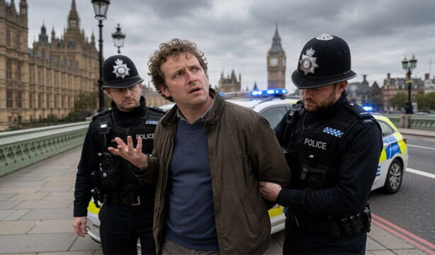 UK police officers detaining a white British man on a London street.