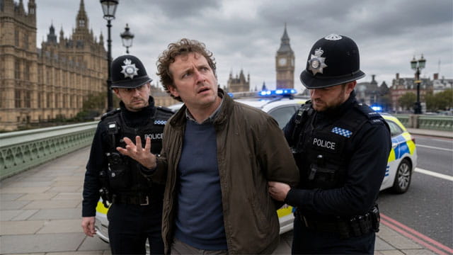 UK police officers detaining a white British man on a London street.