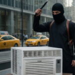 NYC Mayor Mamdani dressed as Jihadi John holding a knife to an air conditioner.