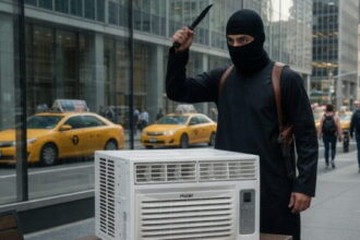 NYC Mayor Mamdani dressed as Jihadi John holding a knife to an air conditioner.