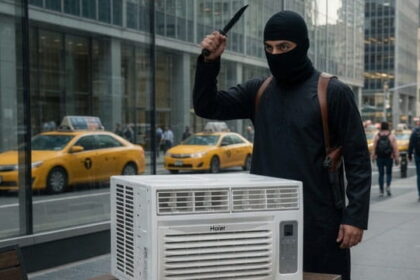 NYC Mayor Mamdani dressed as Jihadi John holding a knife to an air conditioner.