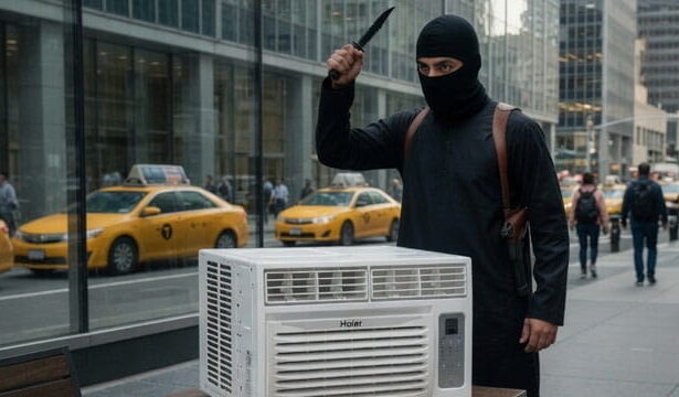NYC Mayor Mamdani dressed as Jihadi John holding a knife to an air conditioner.
