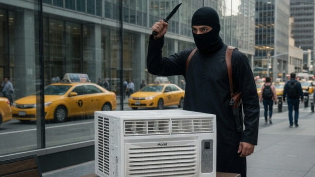 NYC Mayor Mamdani dressed as Jihadi John holding a knife to an air conditioner.