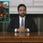 NYC Mayor Zohran Mamdani giving a speech at a desk regaring church fires.