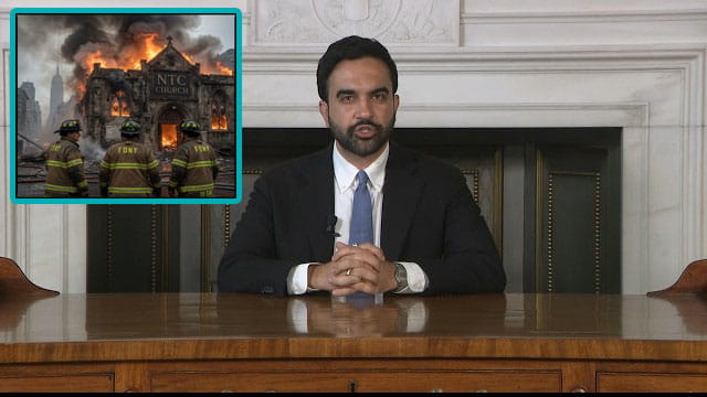 NYC Mayor Zohran Mamdani giving a speech at a desk regaring church fires.