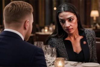 AOC and her fiancé in a restaurant seated at a table.